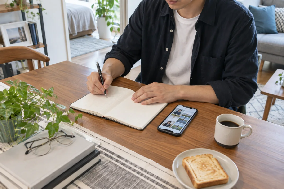 自宅のテーブルでプロフィール文を下書きする成人男性