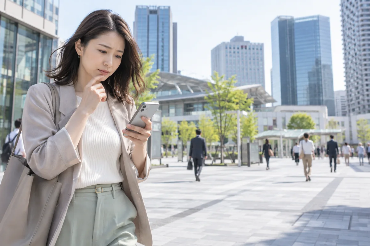 都市の広場でメッセージを慎重に確認する日本人女性