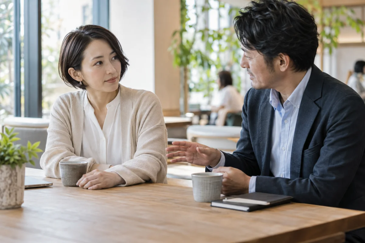 カフェで互いの距離を保ちながら会話する成人男女
