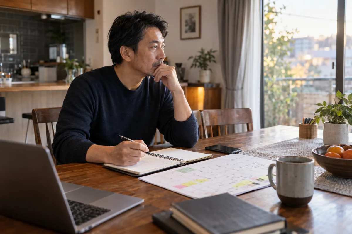 仕事と家庭の予定表を見ながら考える40代の成人男性