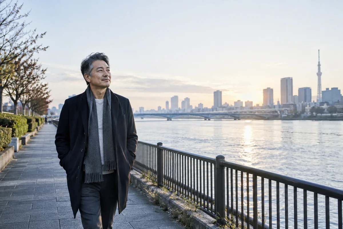 河川敷を一人で歩き人生の変化を考える50代男性