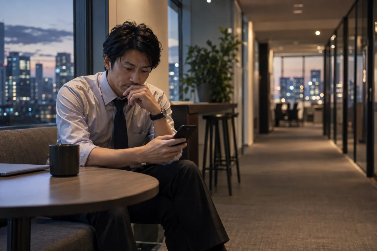 夕方のオフィスで送信前のメッセージを考える日本人男性