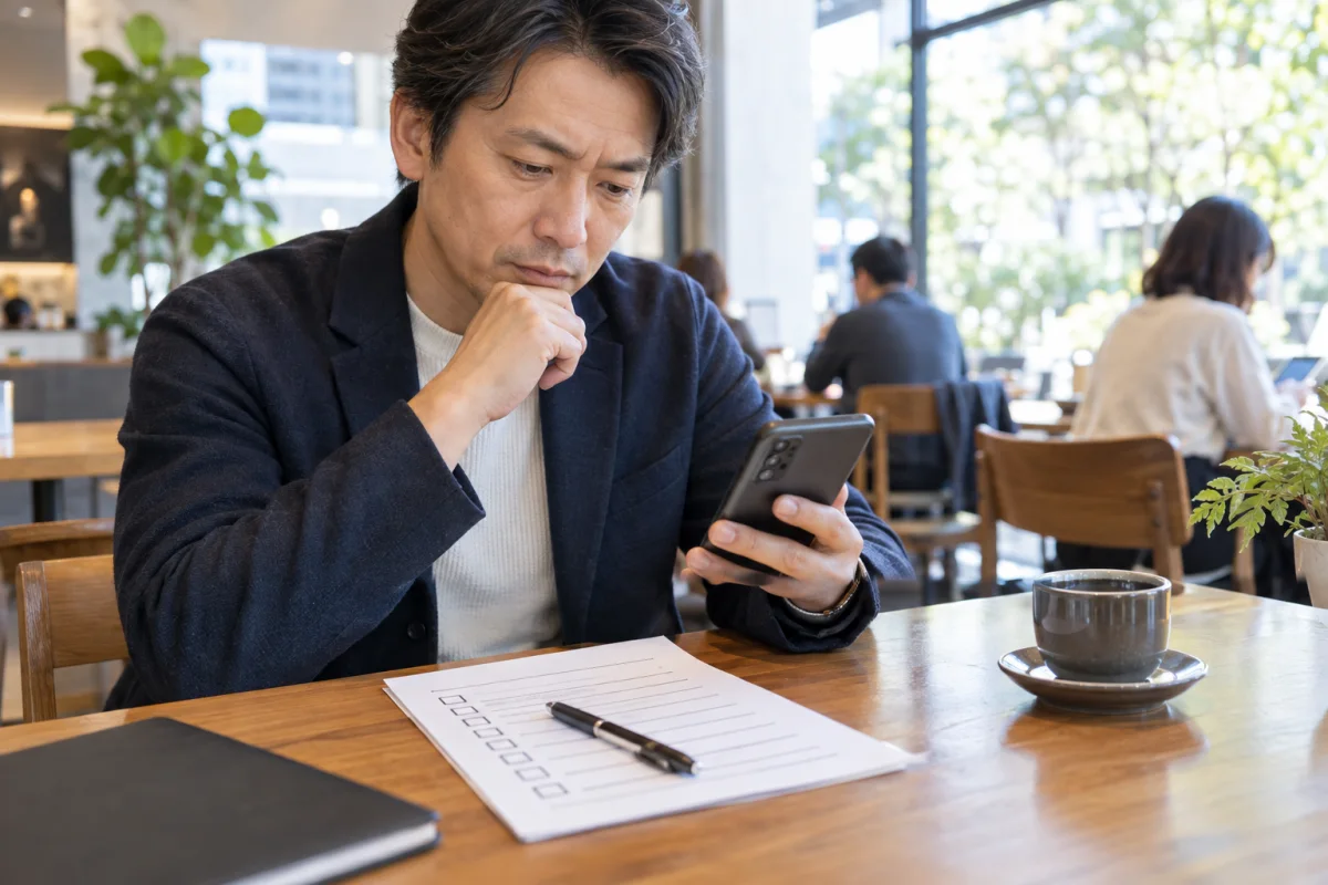カフェで利用規約と安全設定を確認する40代の成人
