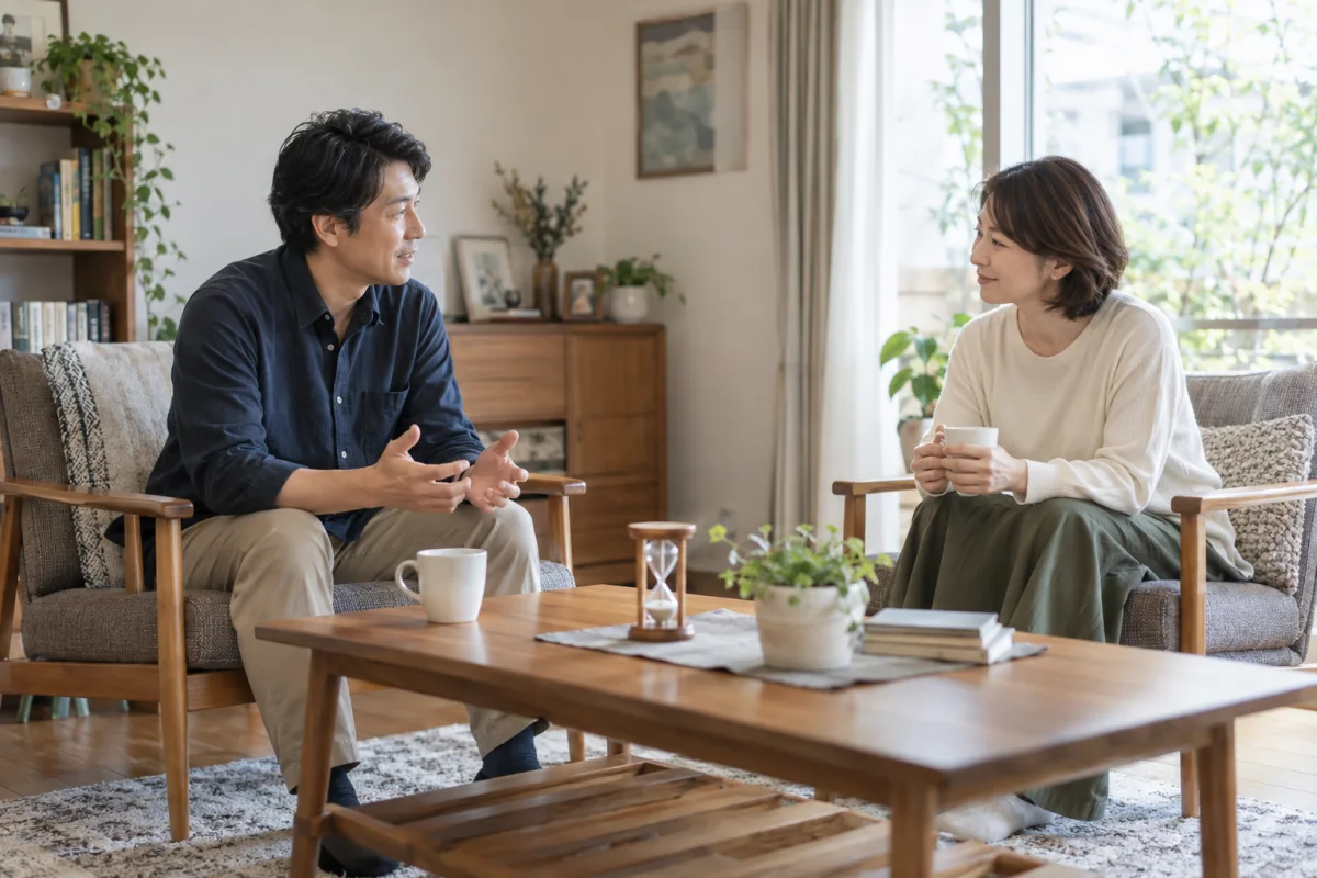 静かなリビングで別々の椅子から対話を始める夫婦