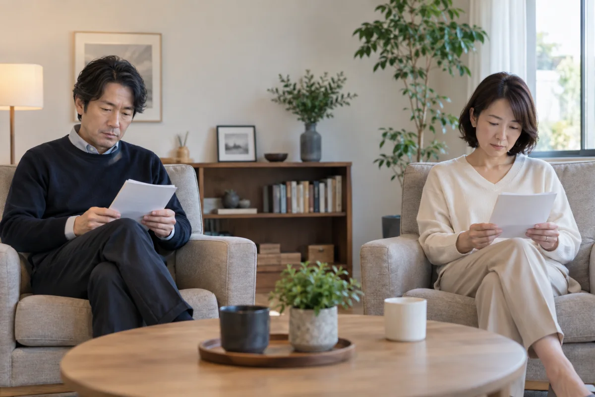 距離を取りながら相談メモを読む成人夫婦